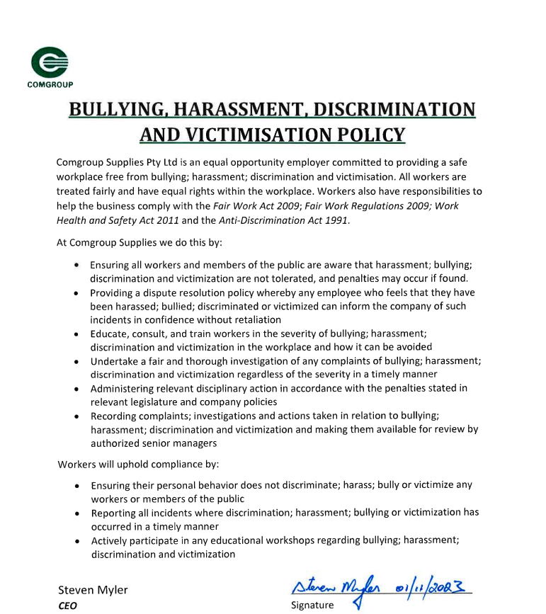 Bullying Harassment Discrimination Victimisation Policy